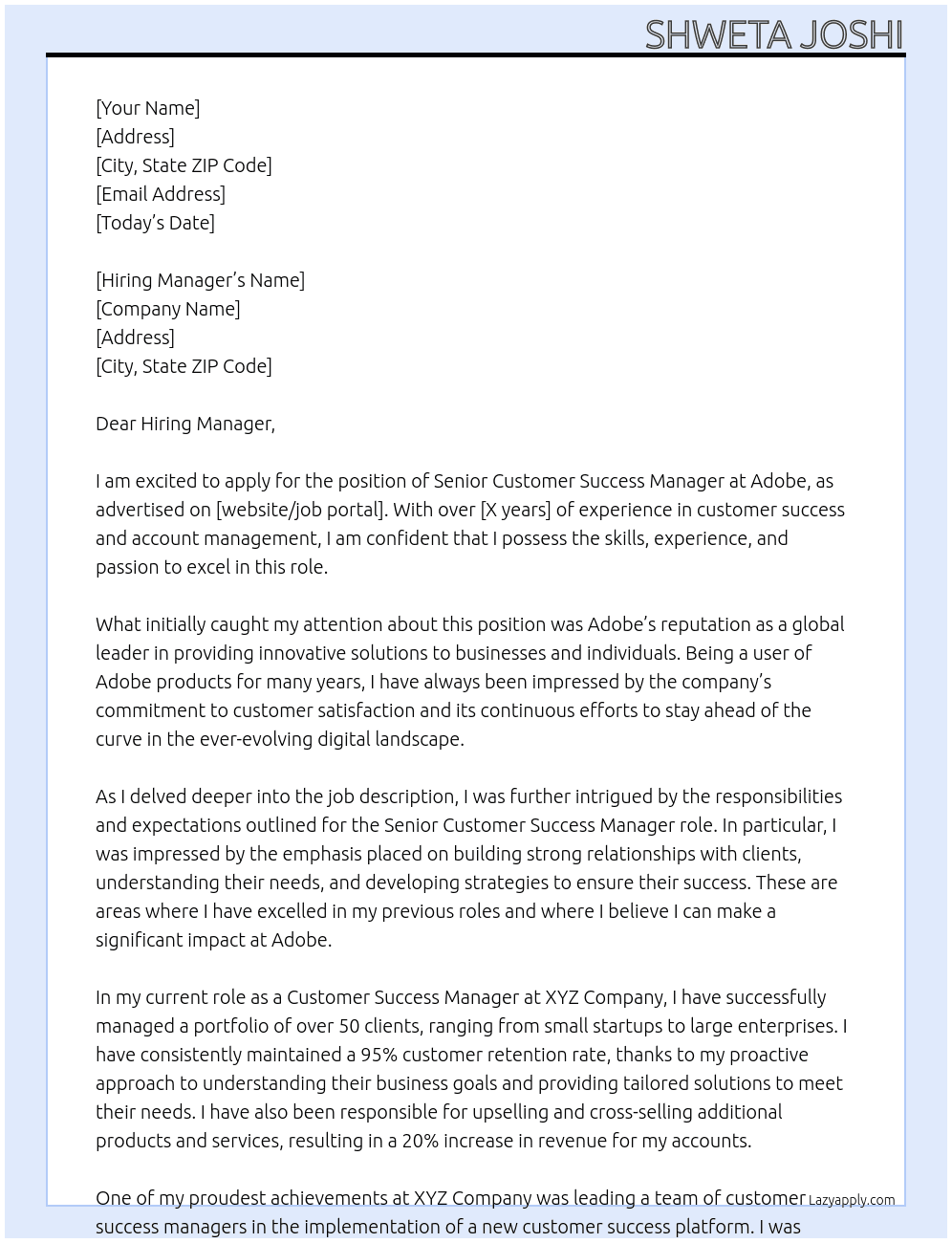 Senior Customer Success manager At Adobe Cover Letter