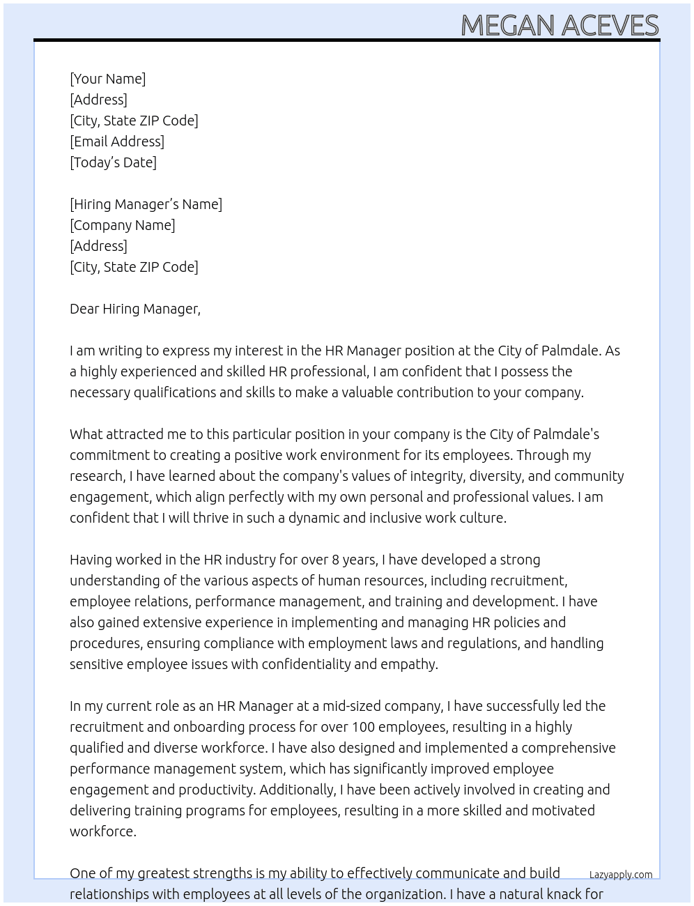 HR Manager At City of Palmdale Cover Letter