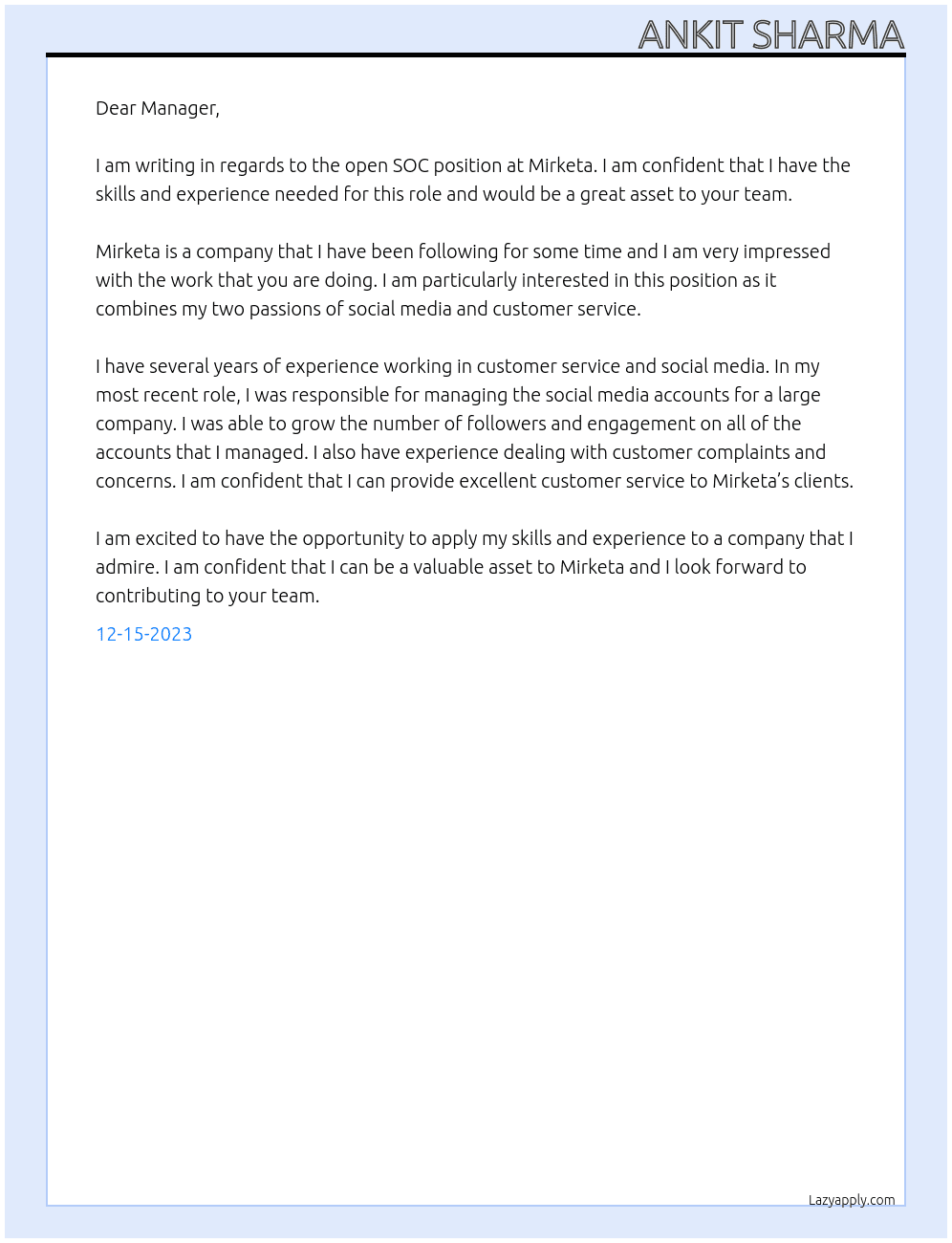 SOC At Mirketa Cover Letter