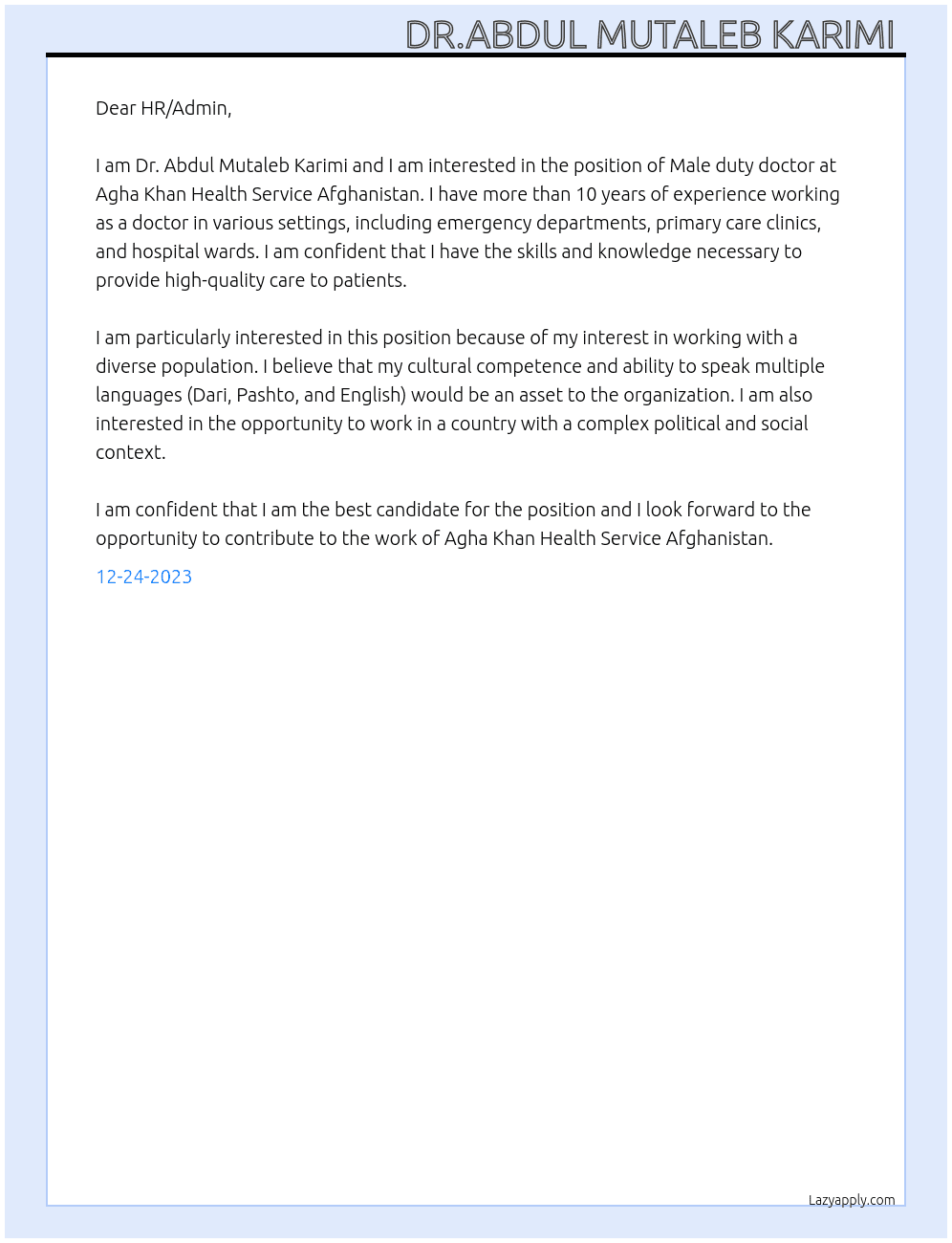 Male duty doctor  At Agha Khan Health Service Afghanistan  Cover Letter