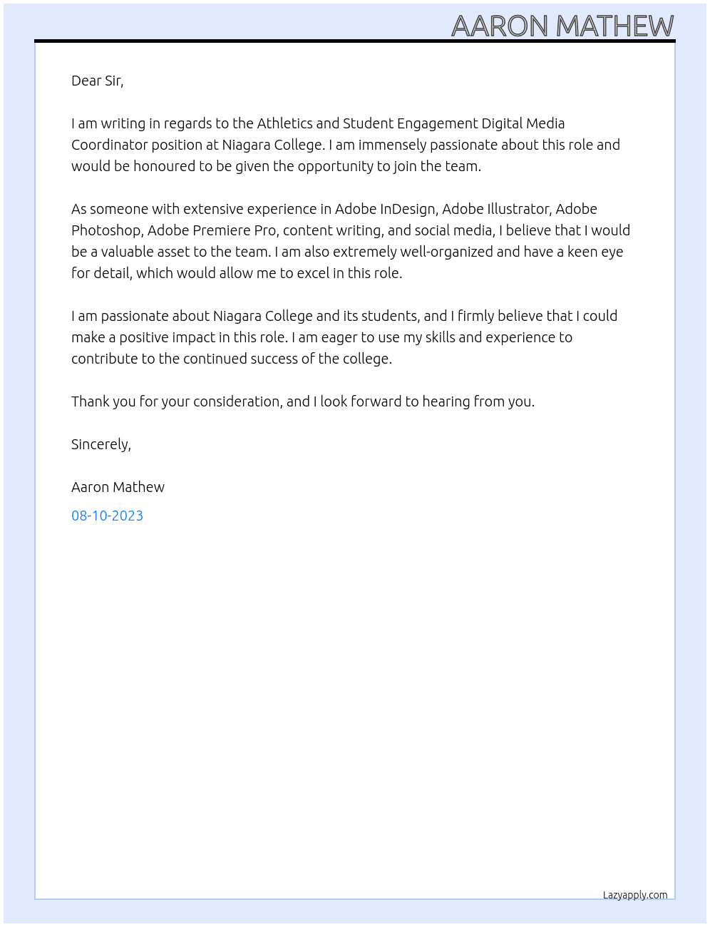 Athletics and Student Engagement Digital Media Coordinator At Niagara College Cover Letter