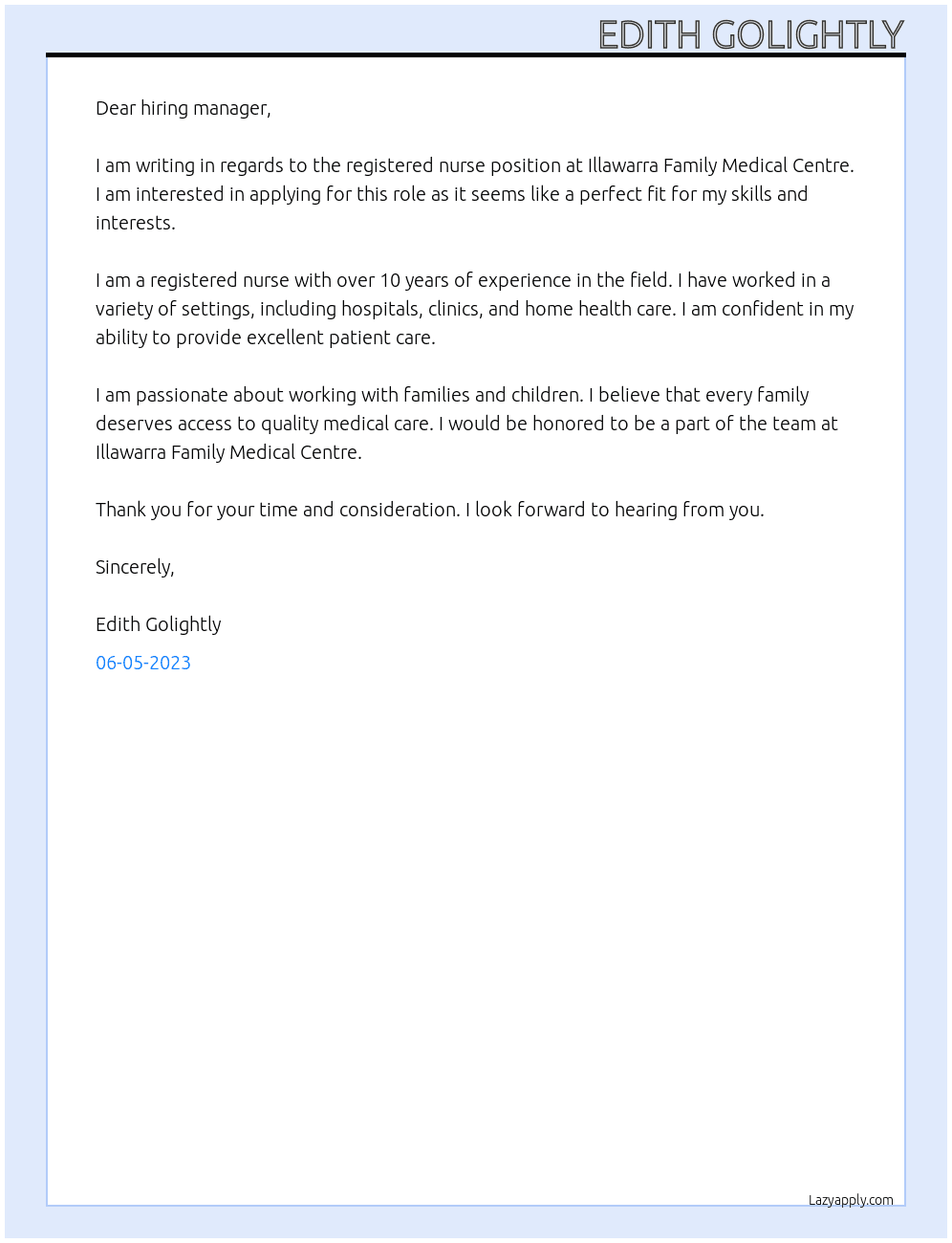 Registered Nurse At Illawarra Family Medical Centre Cover Letter