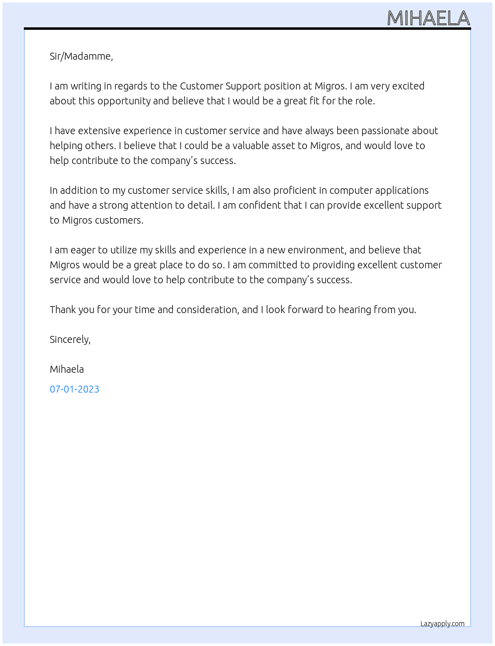 Customer Support At Migros Cover Letter