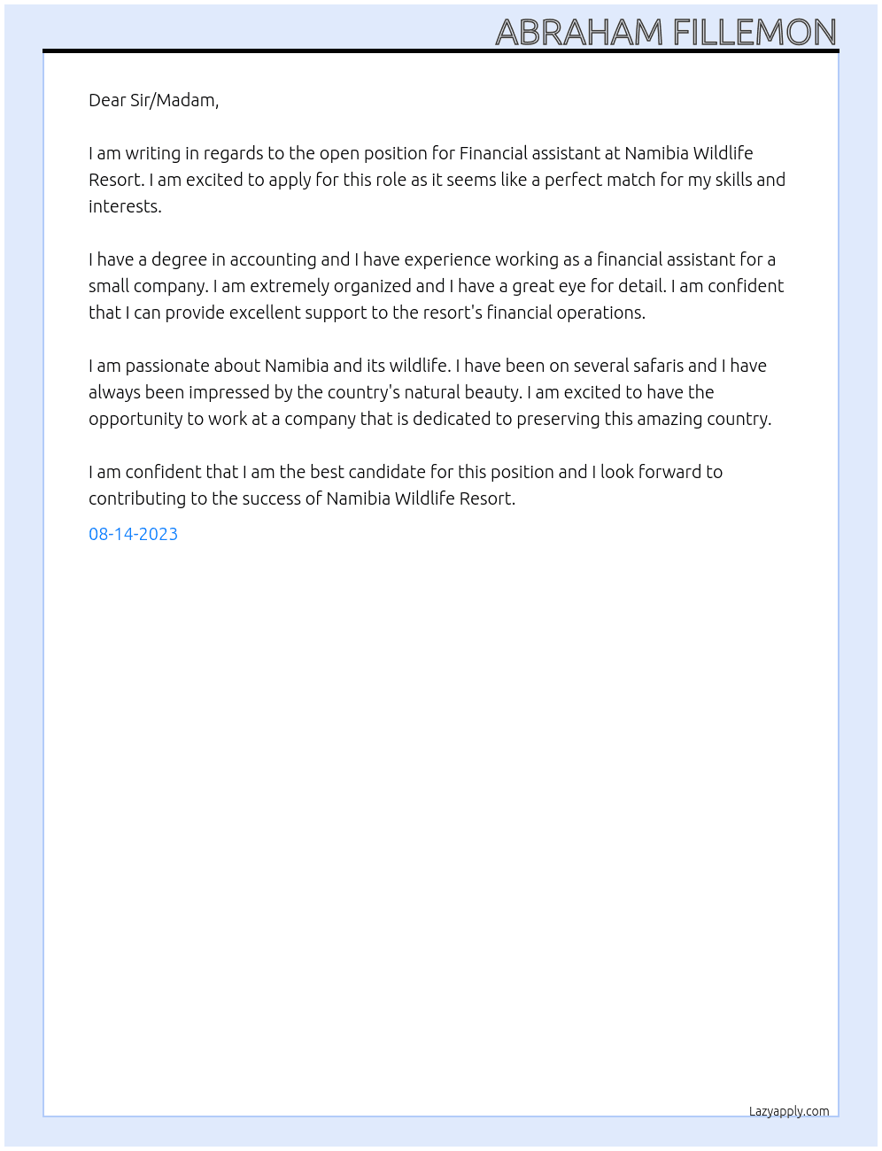 Financial assistant At Namibia Wildlife resort Cover Letter