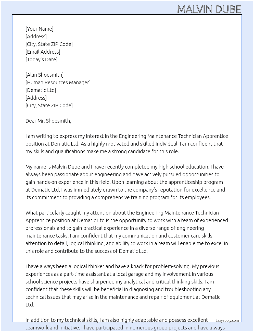 Engineering Maintenance Technician Apprentice At Dematic Ltd  Cover Letter