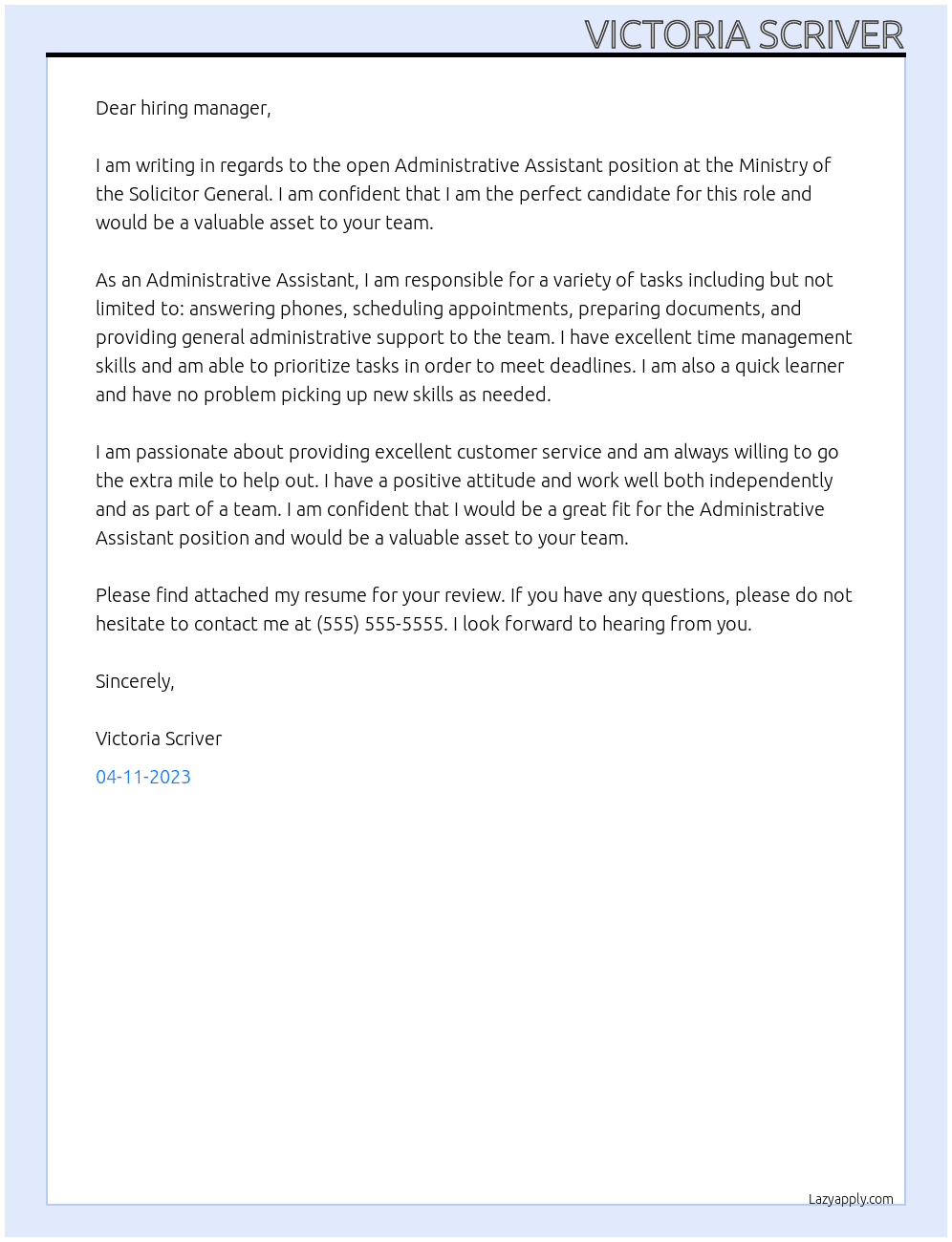 Administrative Assistant At Ministry of the Solicitor General Cover Letter