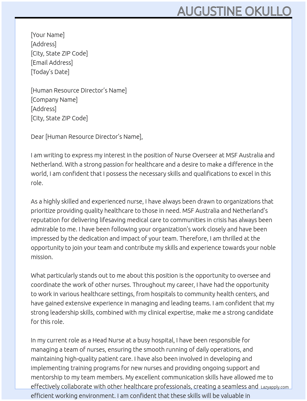 Nurse oversee At MSF Australia And Netherland Cover Letter