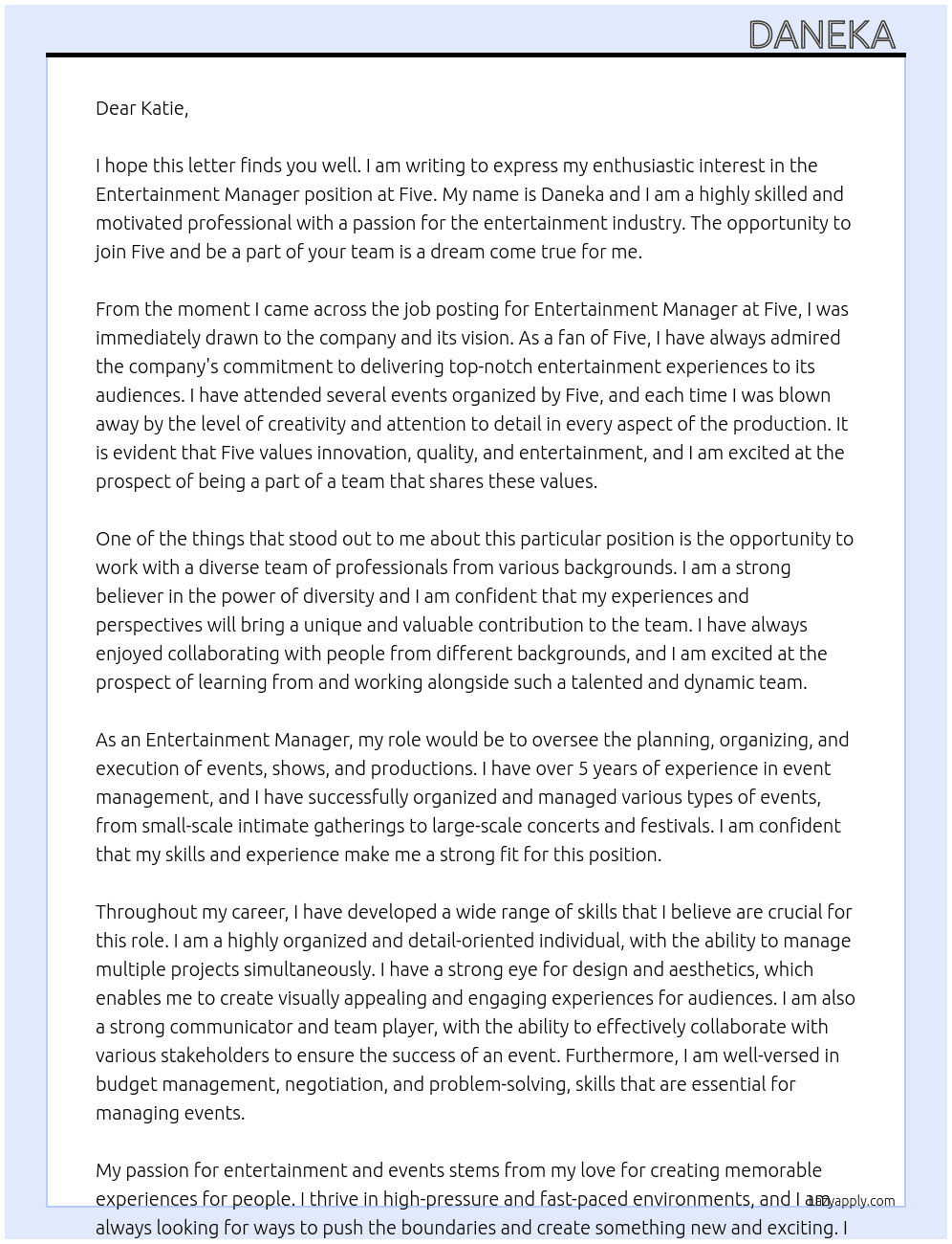 Entertainment manager At five  Cover Letter