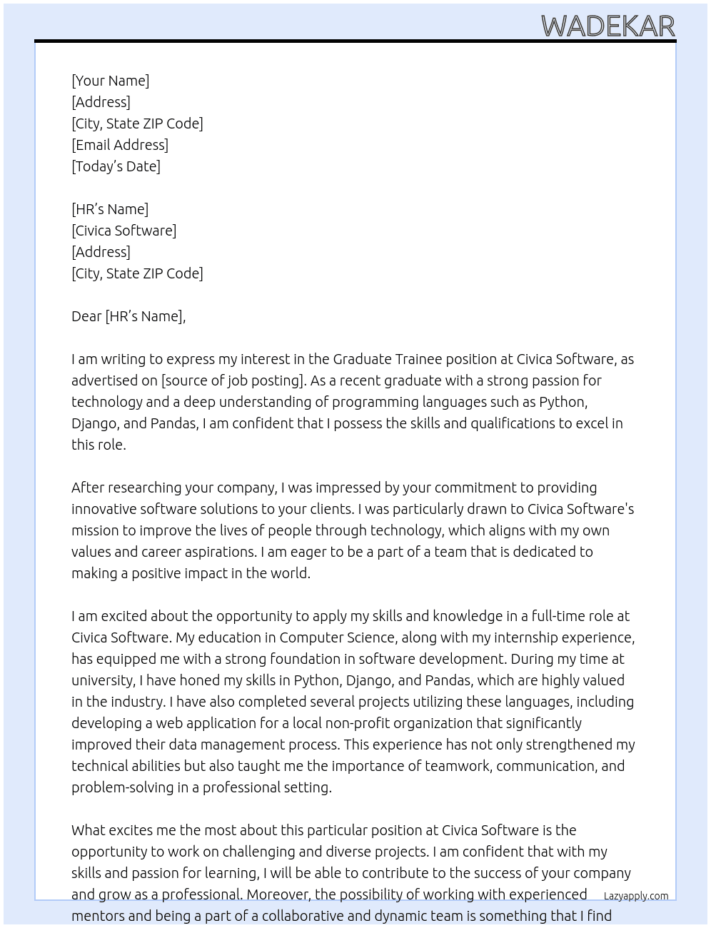 Graduate trainee  At Civica Software Cover Letter