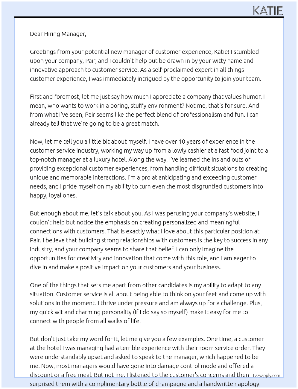 Manager of Customer Experience At Pair Cover Letter