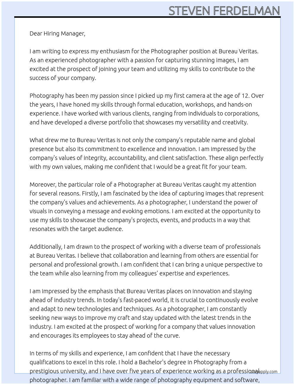 Photographer At Bureau Veritas Cover Letter