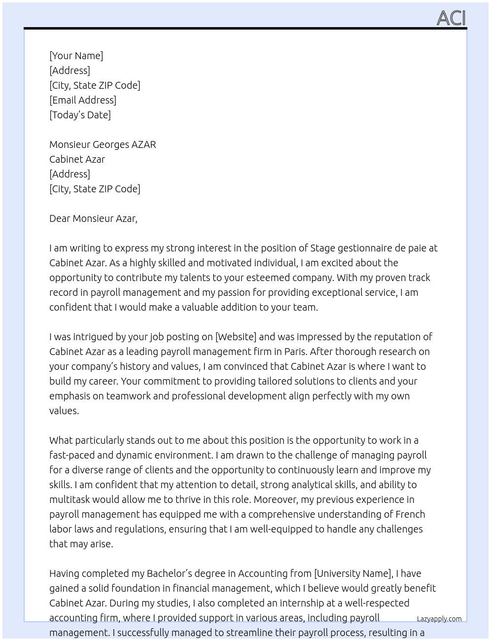 Stage gestionnaire de paie  At Cabinet Azar Cover Letter