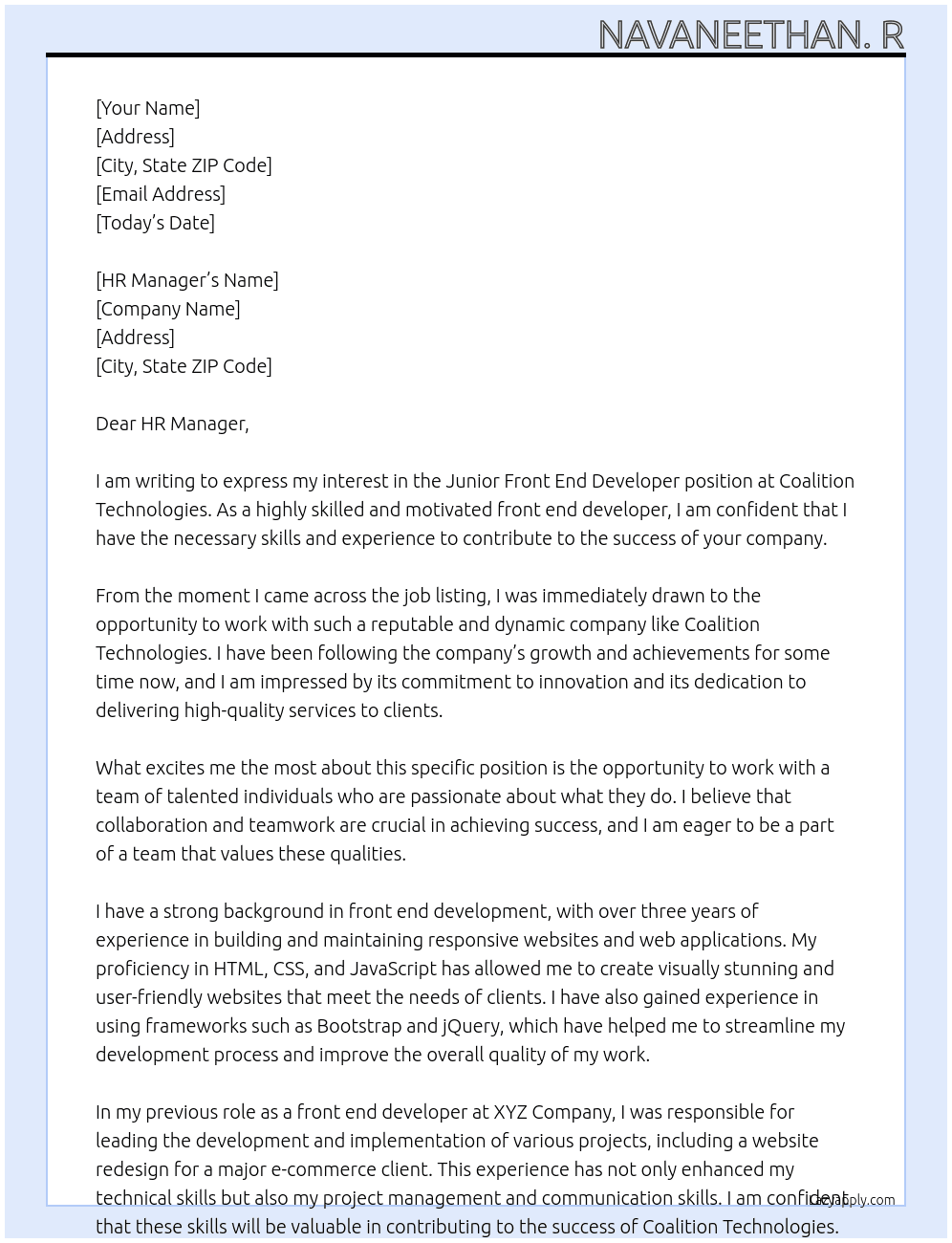 Junior front end developer  At Coalition Technologies  Cover Letter