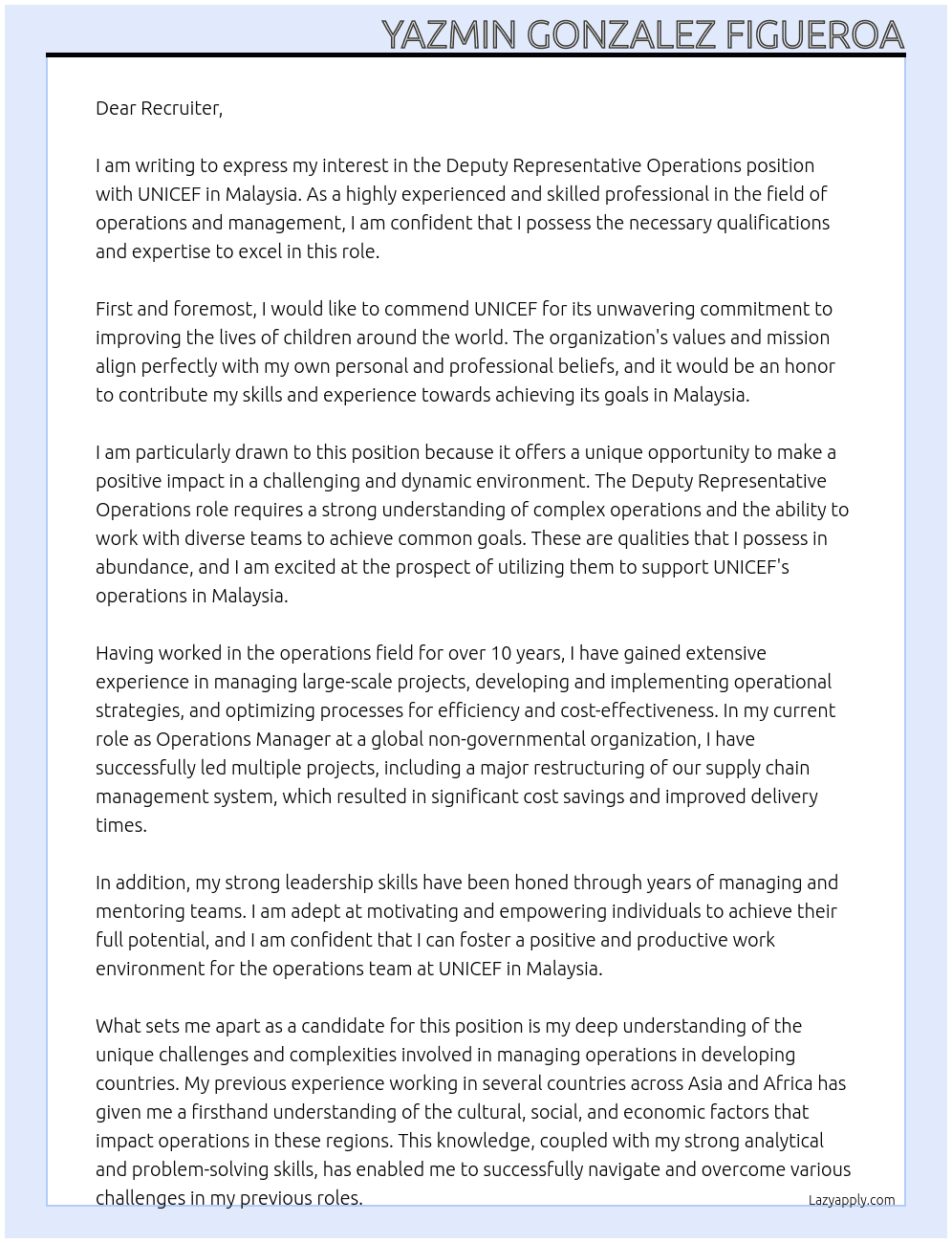 Deputy Representative Operations At UNICEF, Malaysia Cover Letter