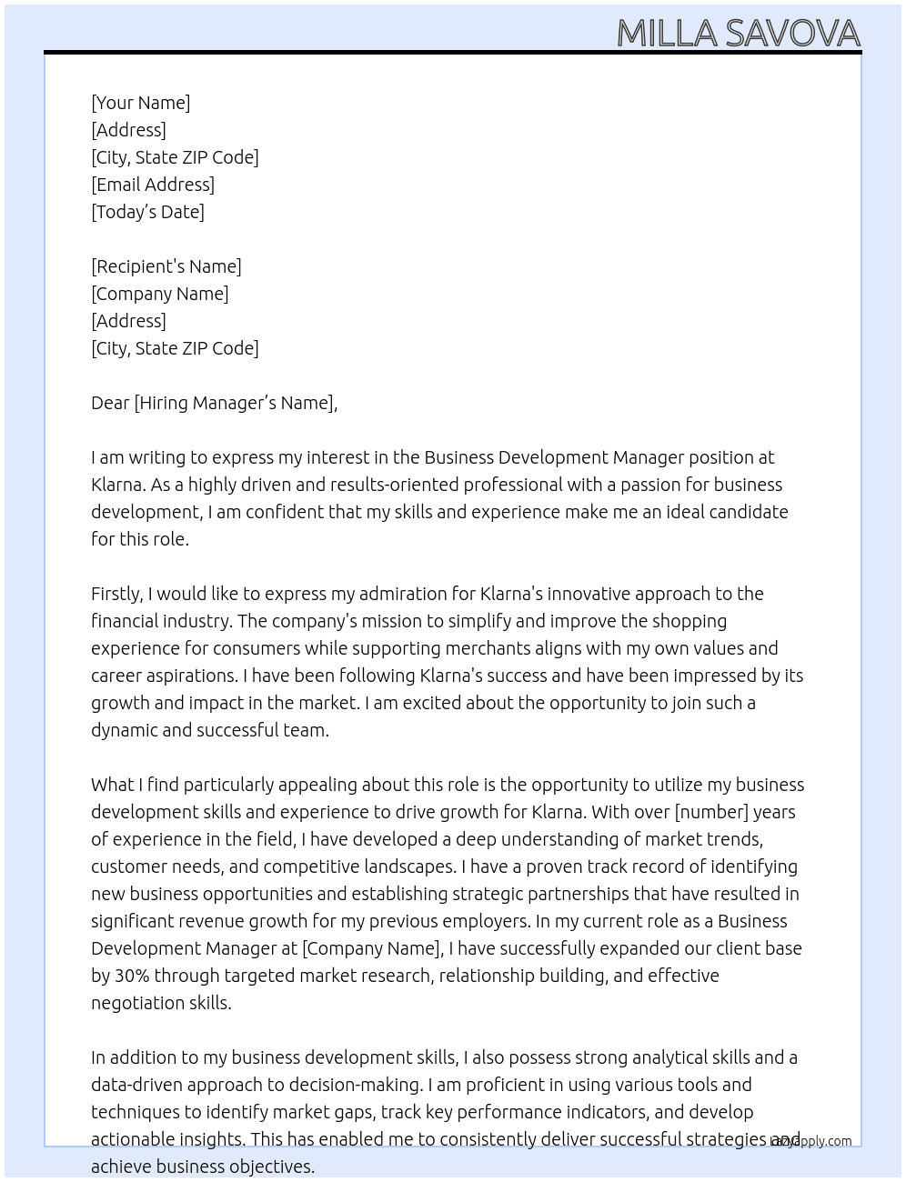 Business Development Manager At Klarna Cover Letter