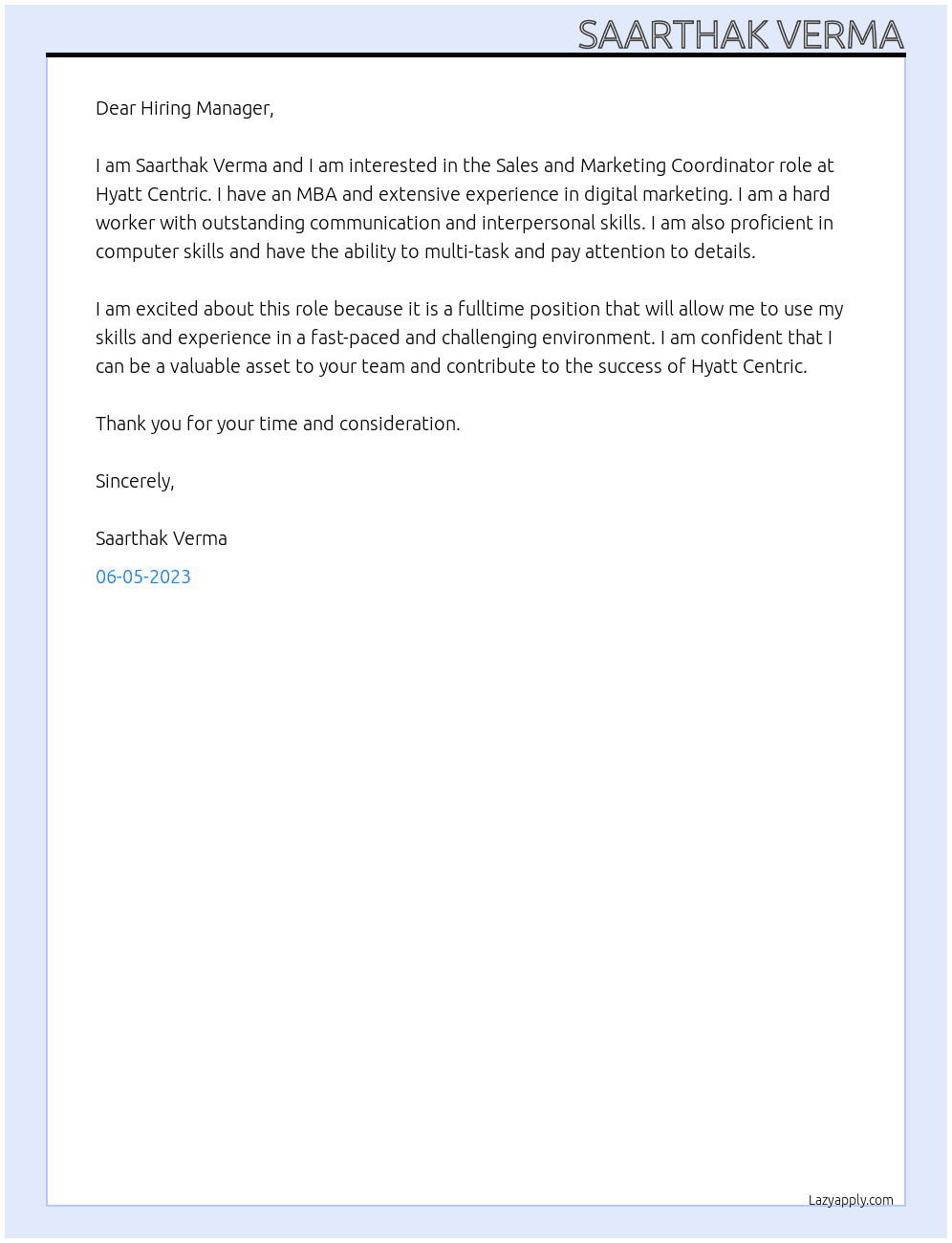 Sales and Marketing Coordinator  At Hyatt Centric Cover Letter