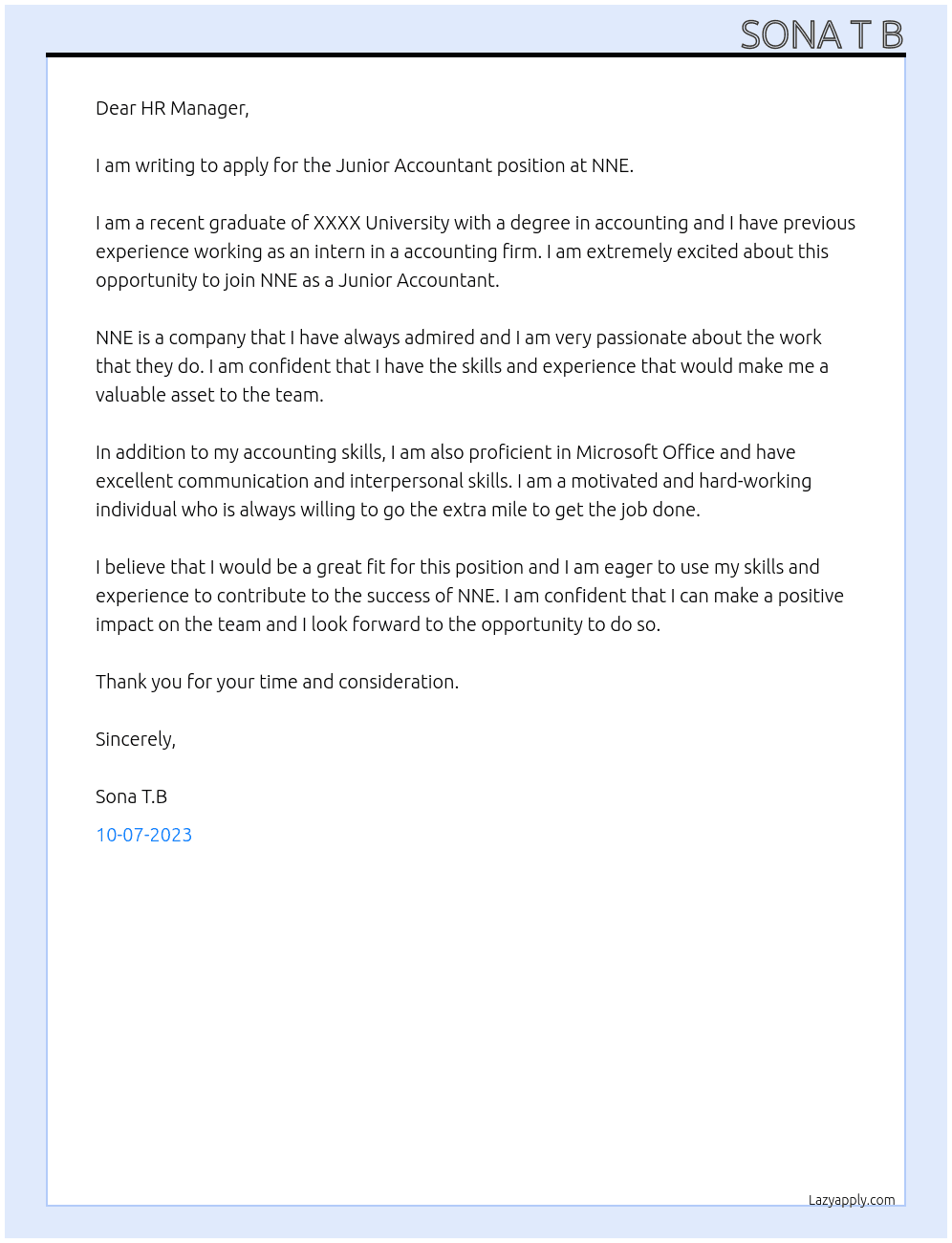 Junior Accountant At NNE Cover Letter
