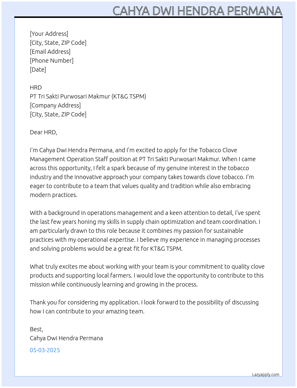 Cover letter for tobacco clove management operation staff - LazyApply