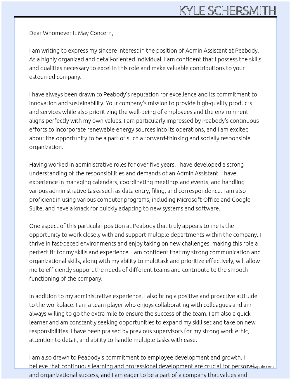 Admin Assistant At Peabody Cover Letter