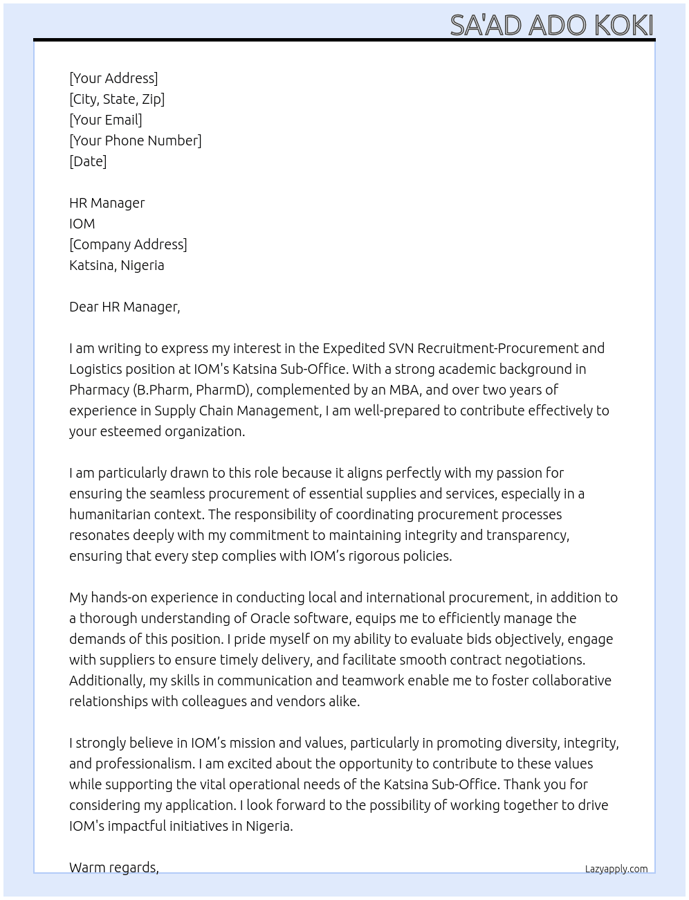 Expedited SVN Recruitment-Procurement and Logistics, Katsina Sub-Office At IOM Cover Letter