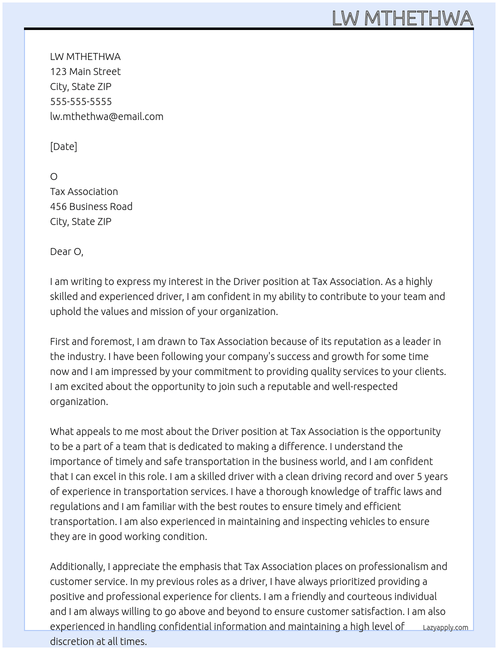 Driver At Tax association  Cover Letter