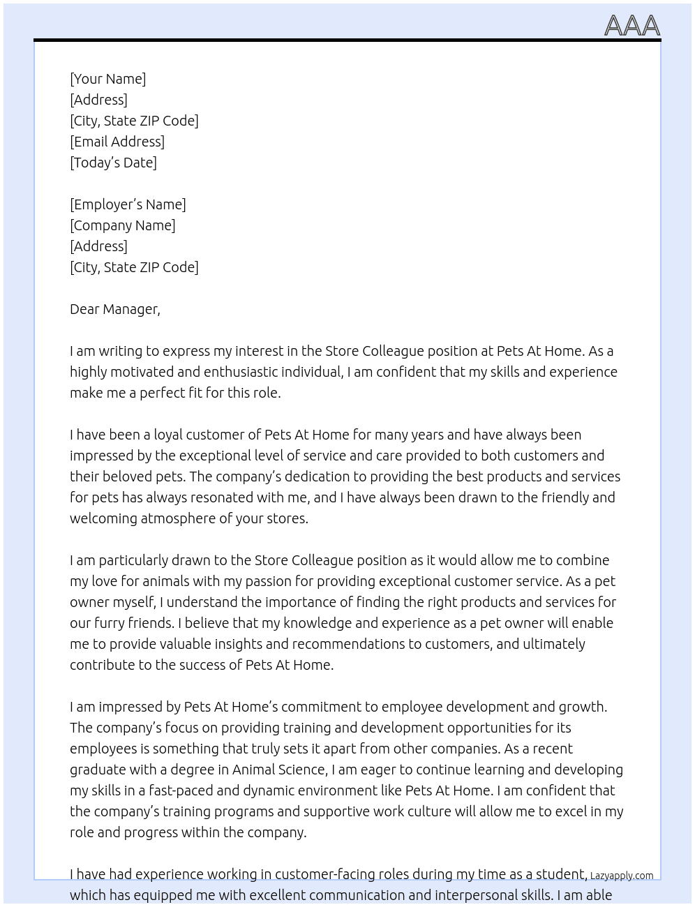 Store Colleague At Pets At Home Cover Letter