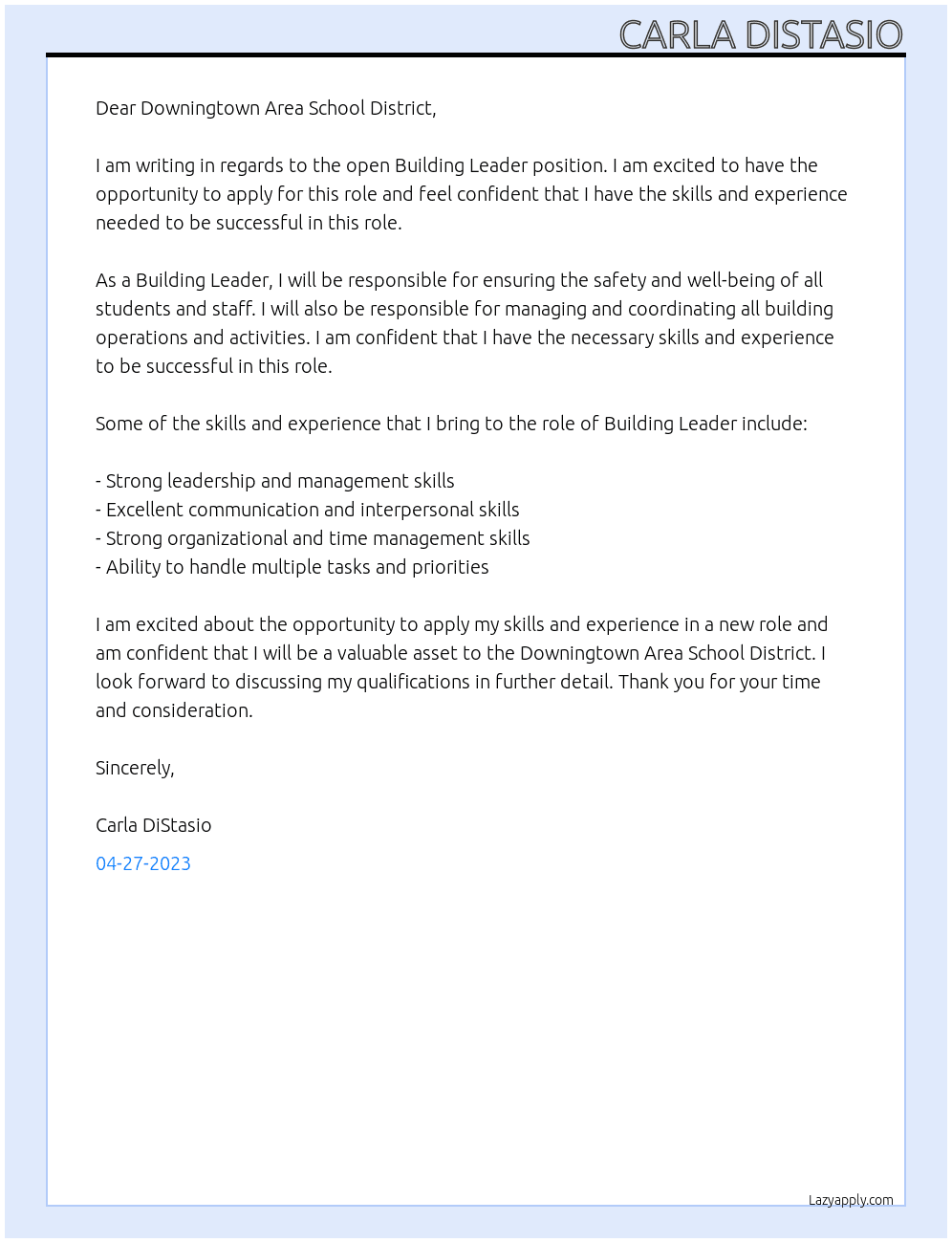 Building Leader At Downigntown Area School District Cover Letter