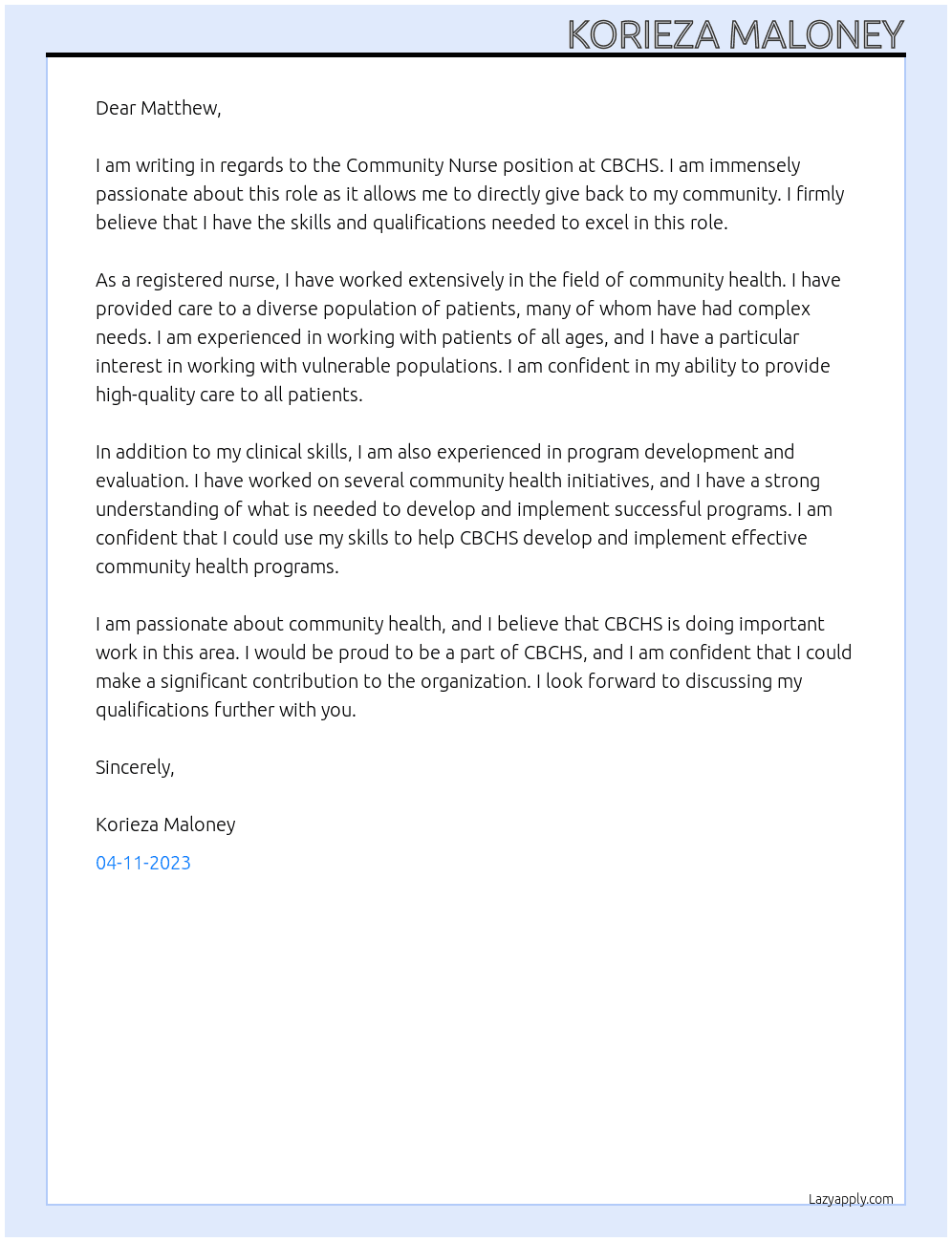 Community Nurse At CBCHS Cover Letter
