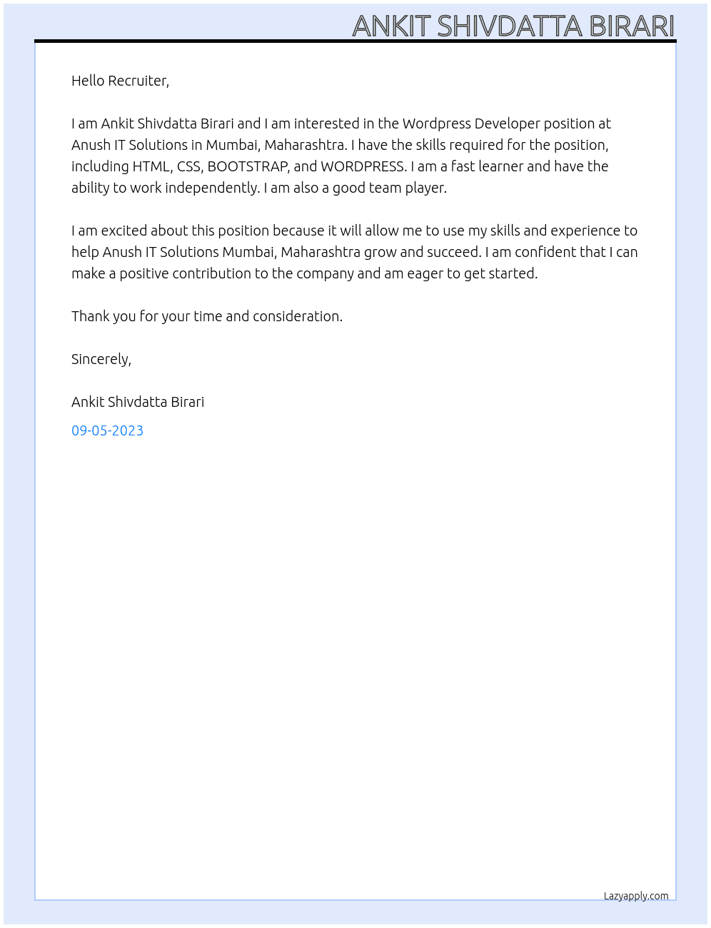 Wordpress Developer At Anush IT Solutions Mumbai, Maharashtra Cover Letter