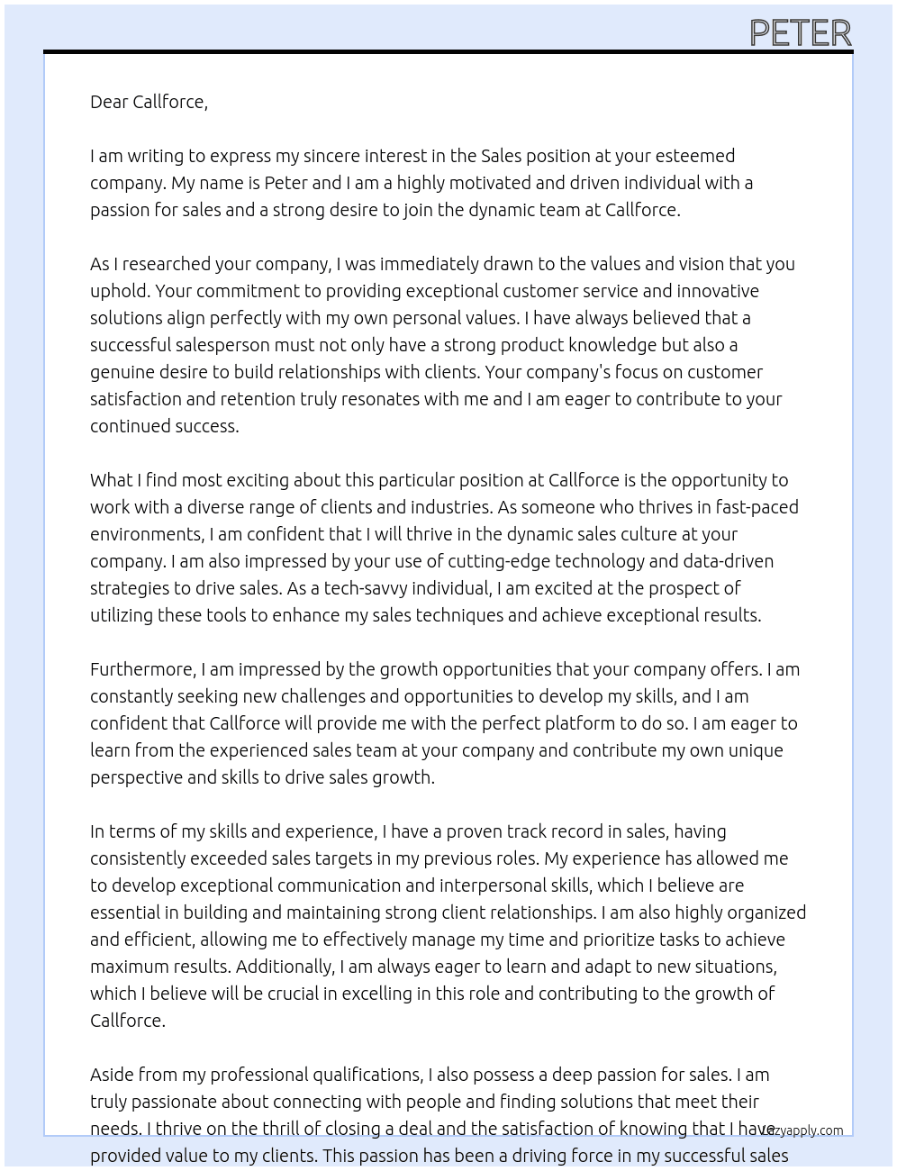 Sales At Callforce Cover Letter