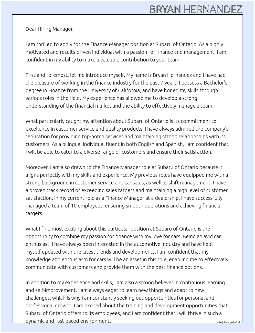 Finance Manager At Subaru Of Ontario Cover Letter