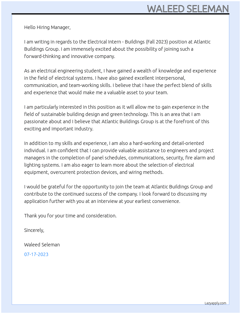 Electrical Intern - Buildings (Fall 2023) At Atlantic Buildings Group Cover Letter