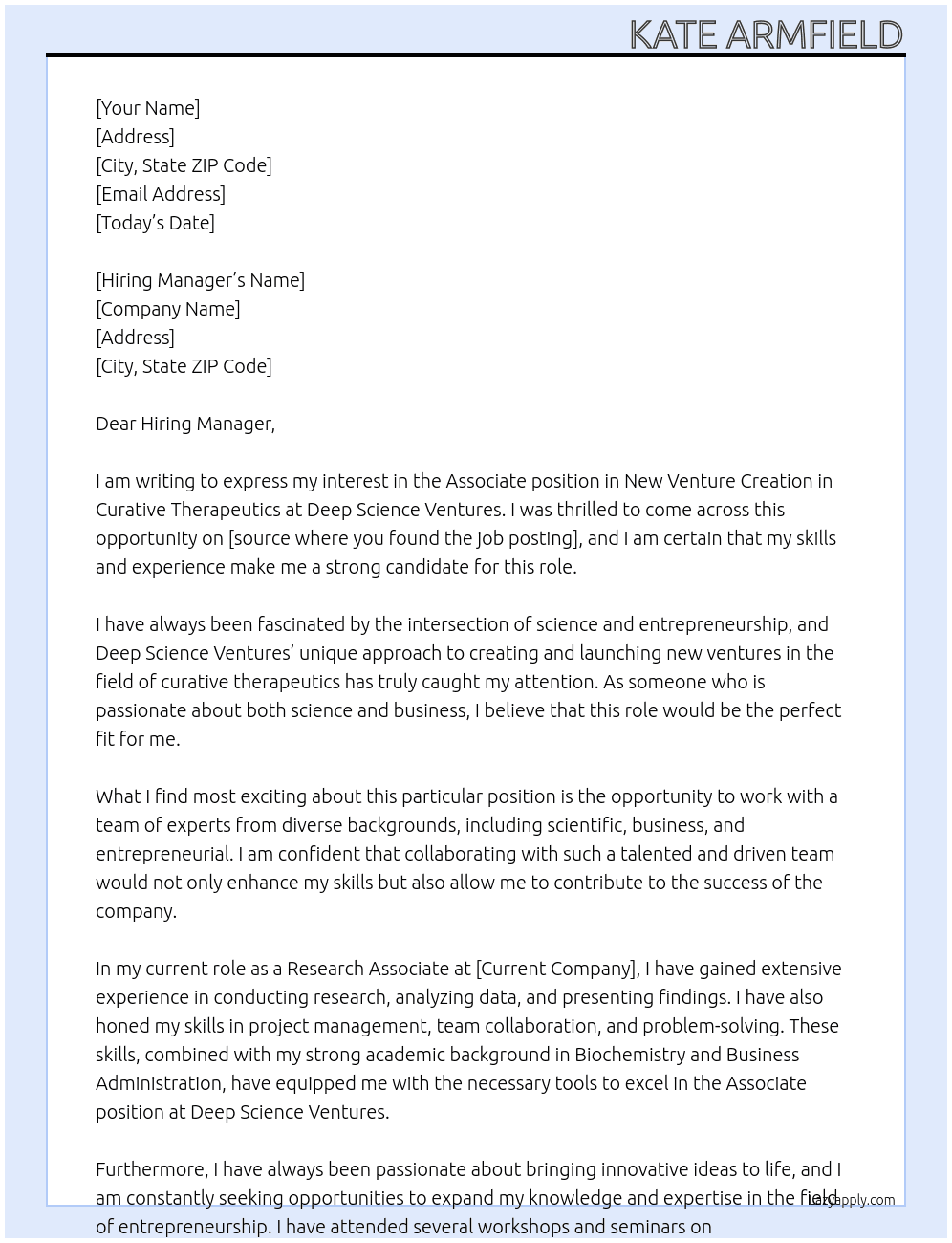 Associate, New venture creation in curative therapeutics At Deep Science Ventures Cover Letter