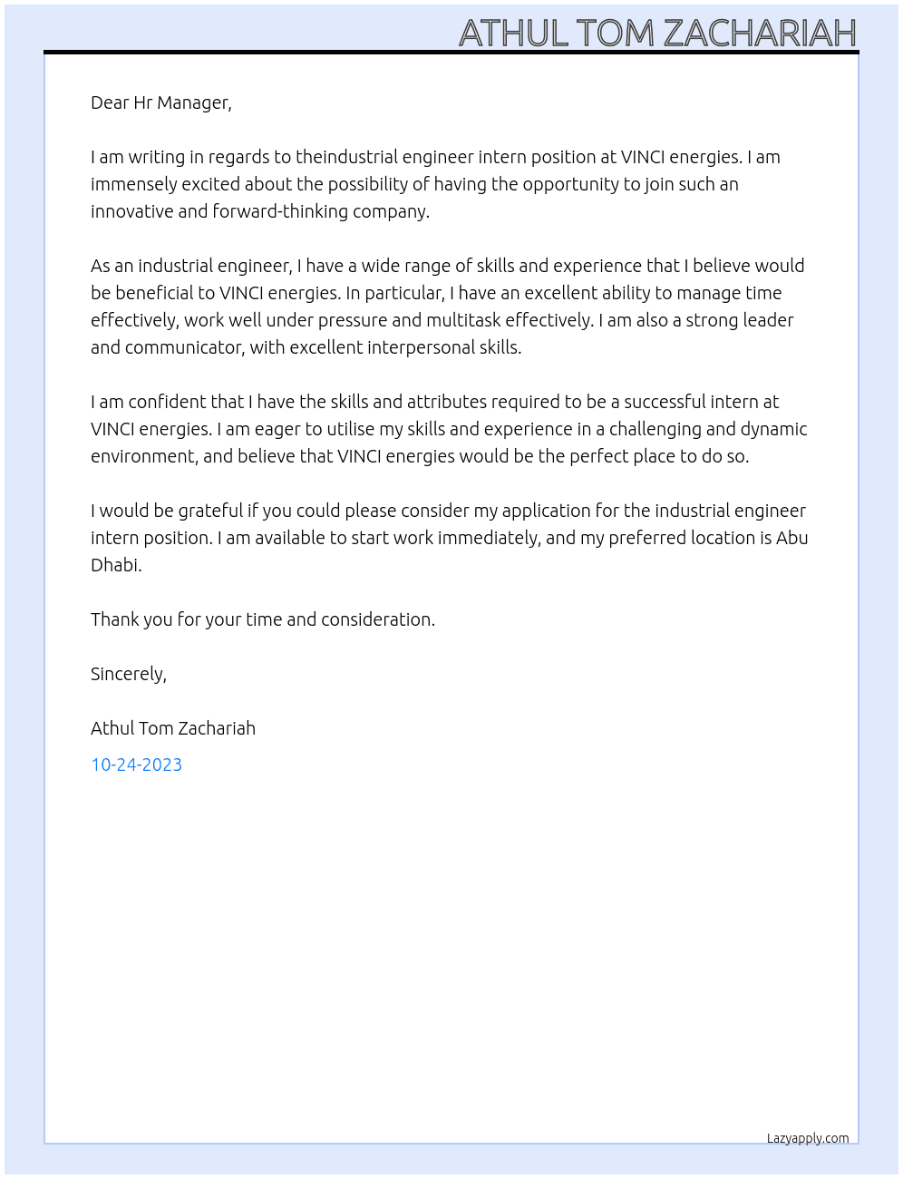 industrial engineer intern At VINCI energies Cover Letter