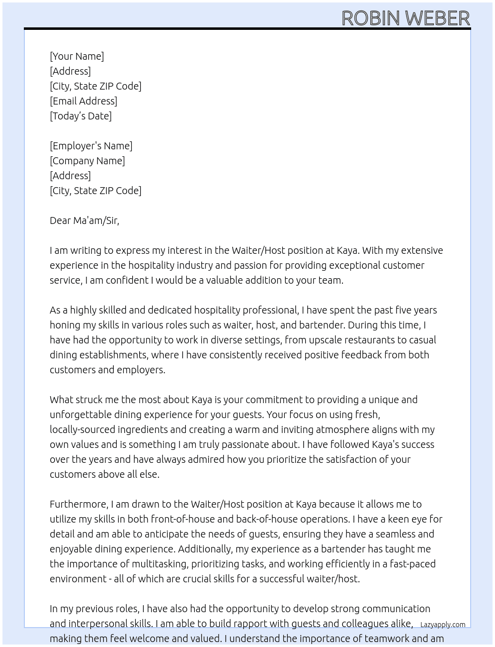 Waiter / host At Kaya Cover Letter