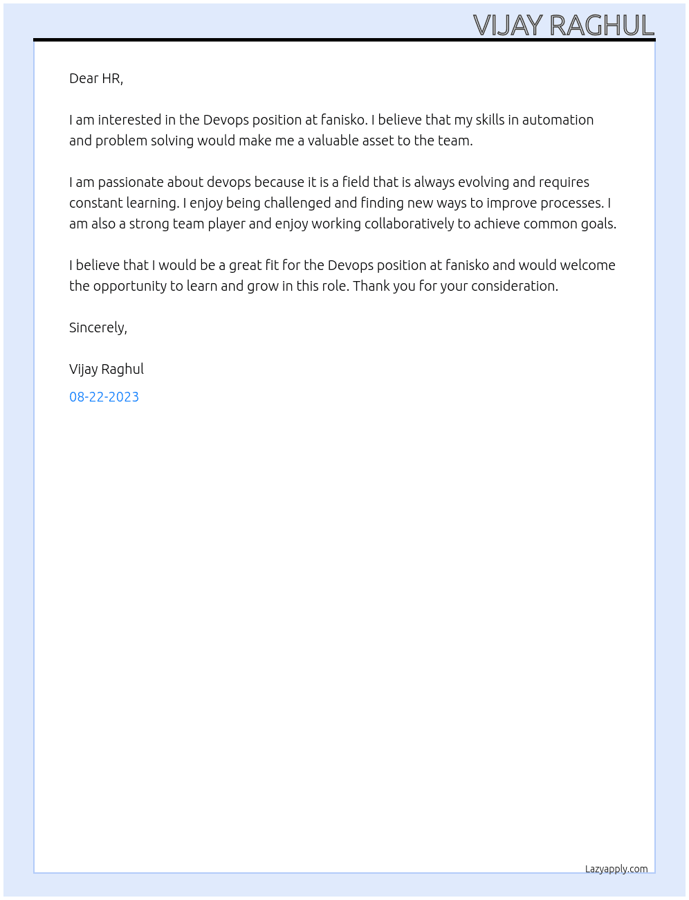 Devops At fanisko Cover Letter