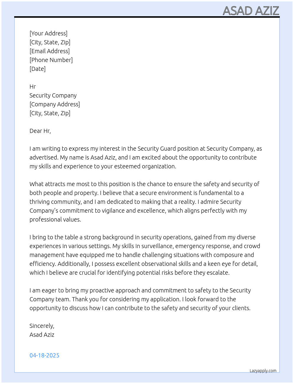 Security Guard  At Security Company Cover Letter