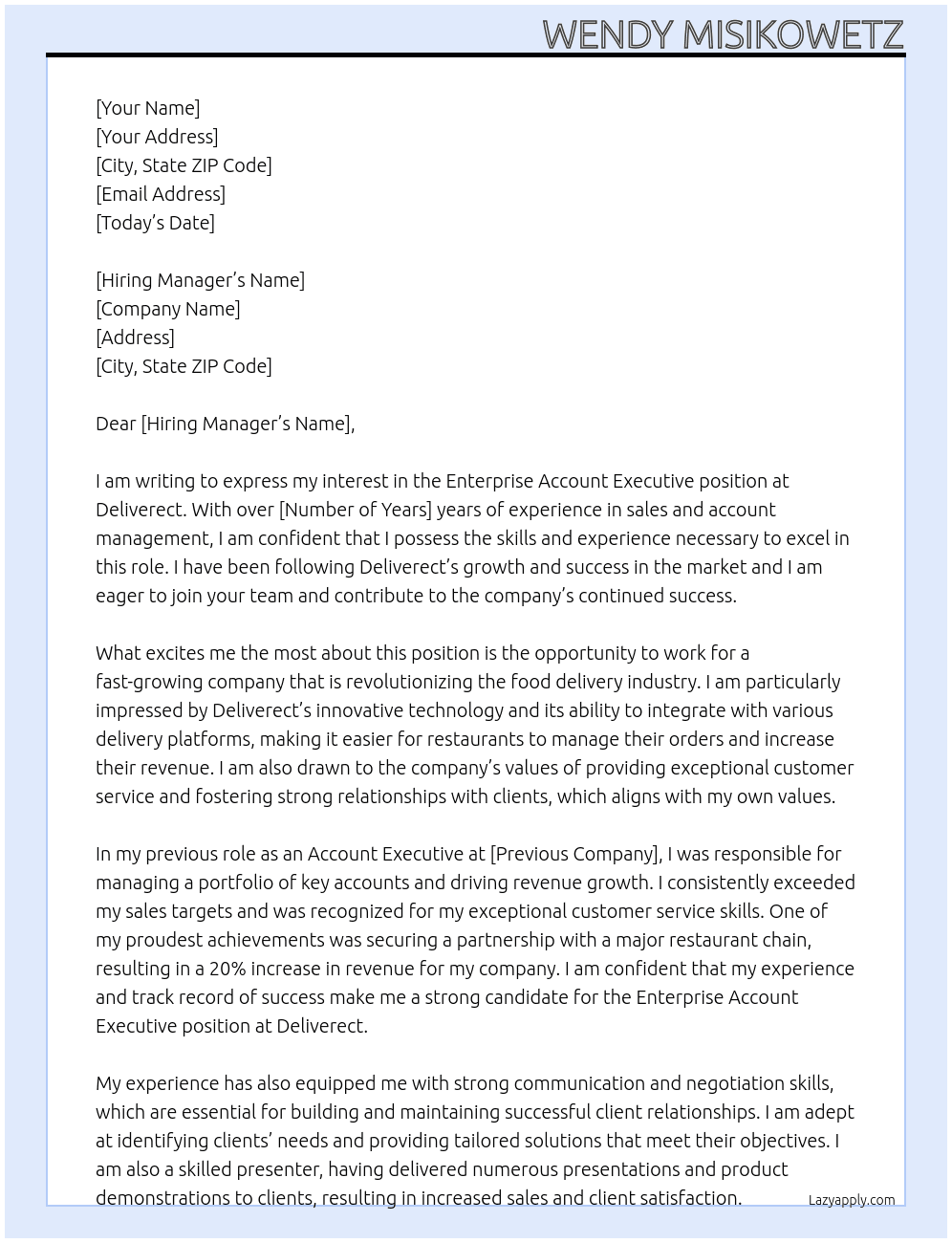 Enterprise Account Executivew At Deliverect Cover Letter