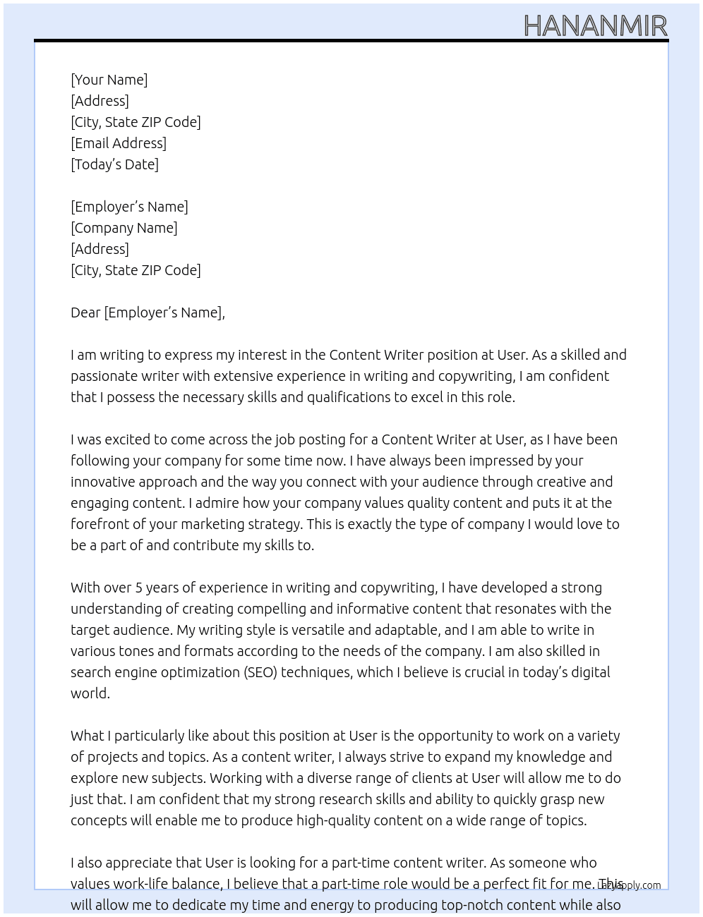 Content writer At User Cover Letter