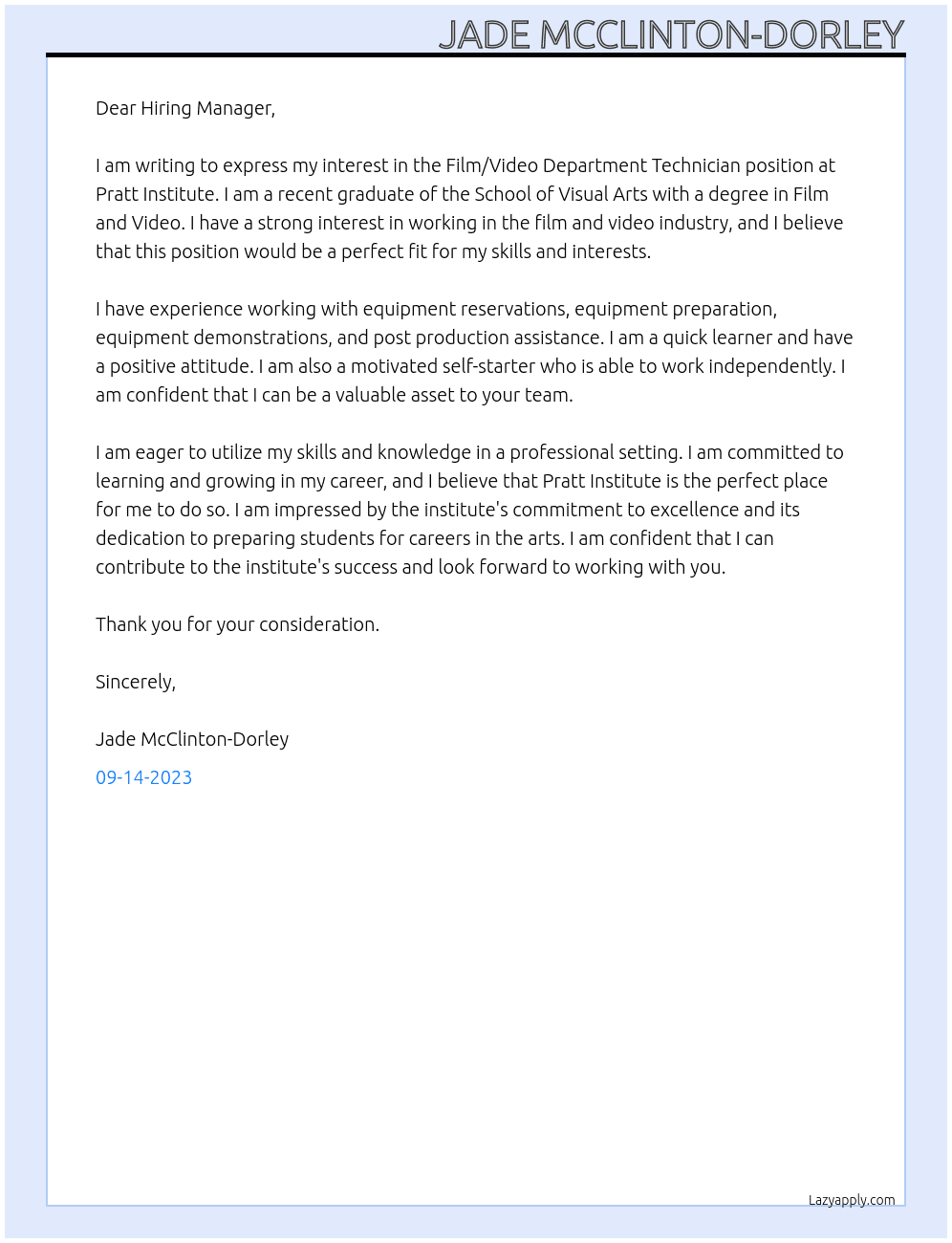 Film/ Video Department Technician At Pratt Institute  Cover Letter