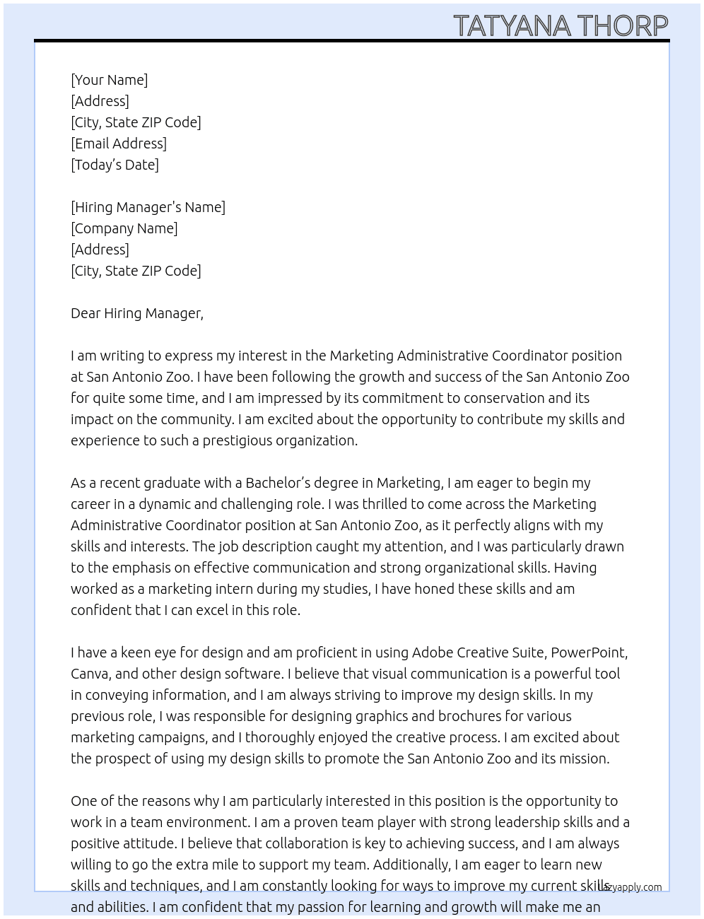 Marketing Administrative Coordinatior At San Antonio Zoo Cover Letter