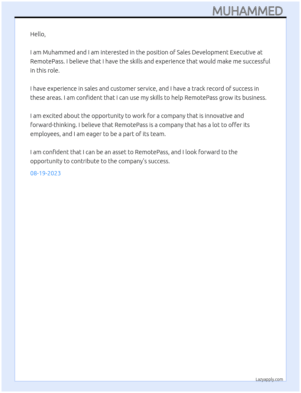 Sales development executive  At RemotePass Cover Letter
