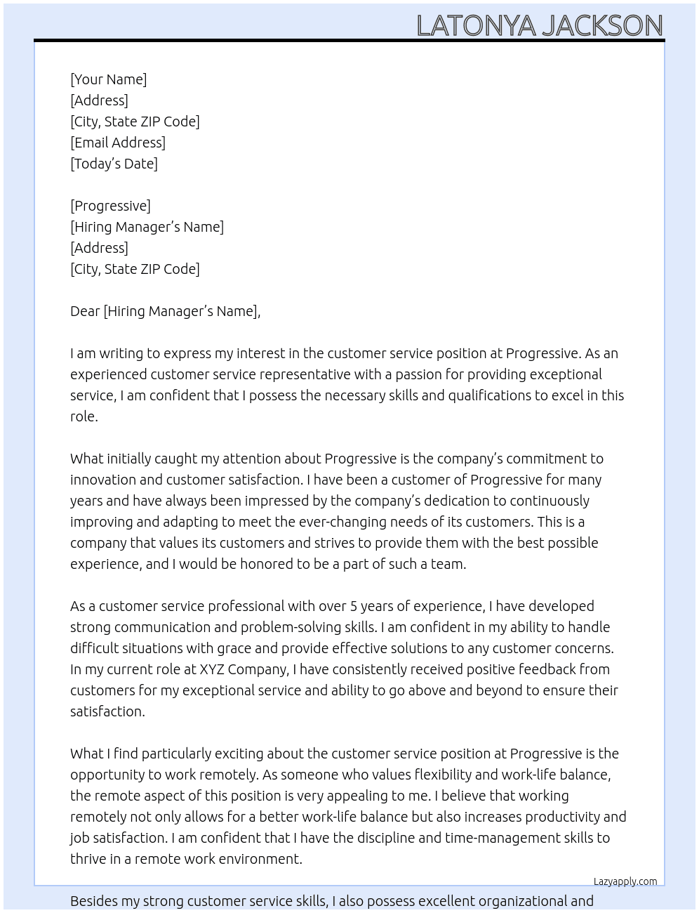 customer service  At progressive Cover Letter