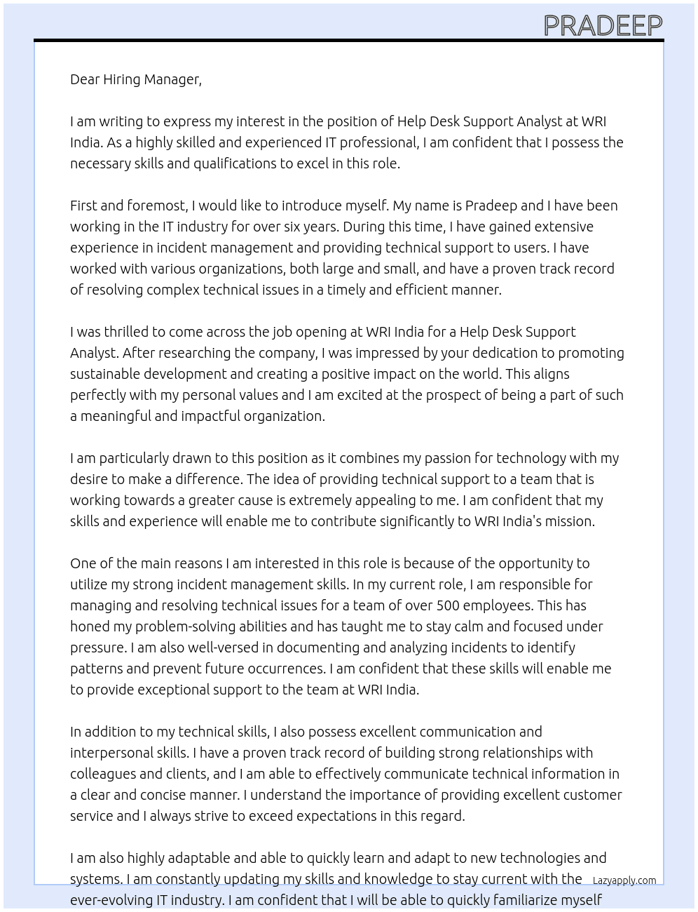 Help Desk Support Analyst At WRI India Cover Letter