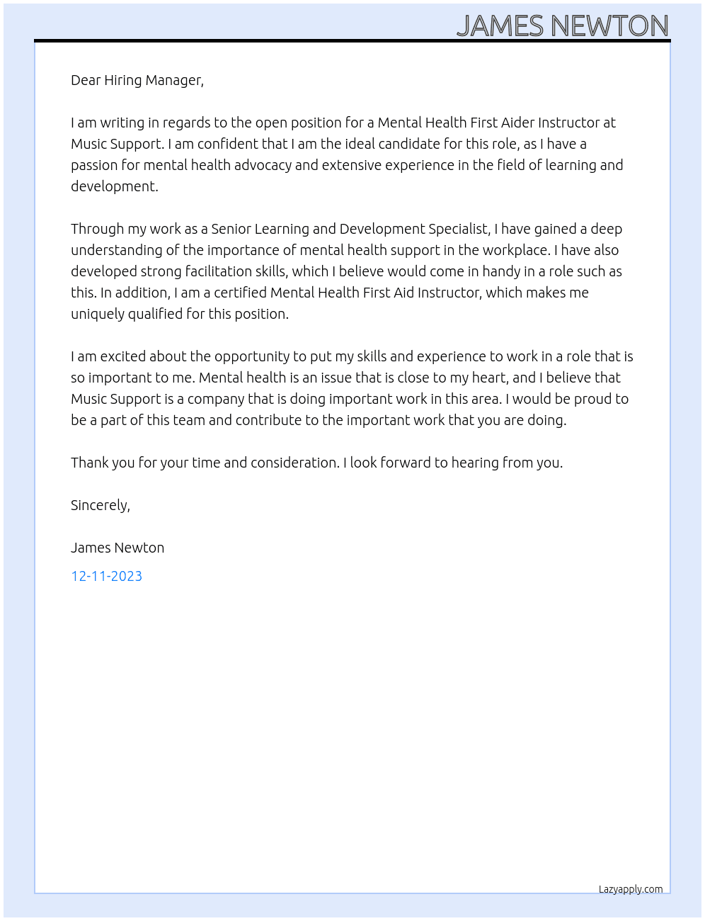 Mental Health First Aider Instructor At Music support  Cover Letter