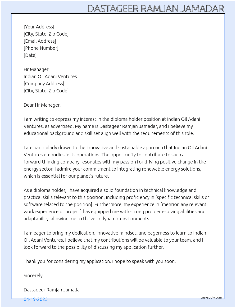 diploma holder At Indian Oil Adani Ventures Cover Letter