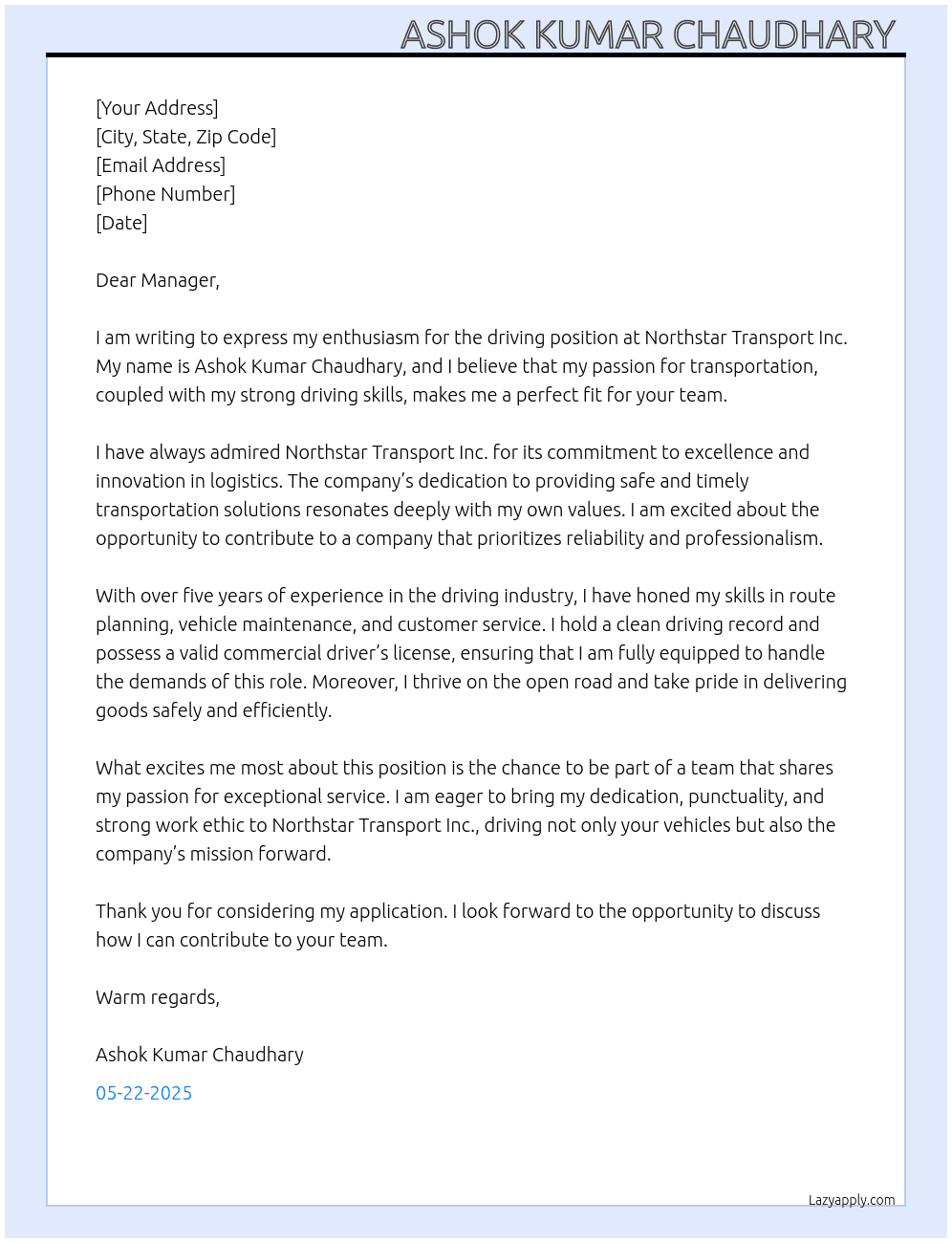 Driving  At Northstartransport lnc Cover Letter