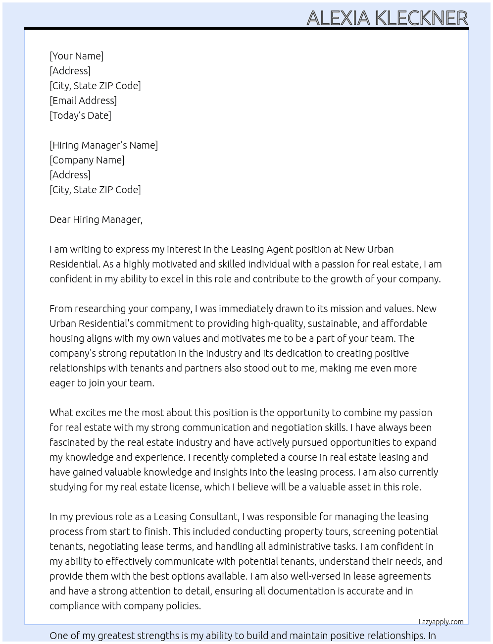 Leasing Agent At New Urban Residential Cover Letter