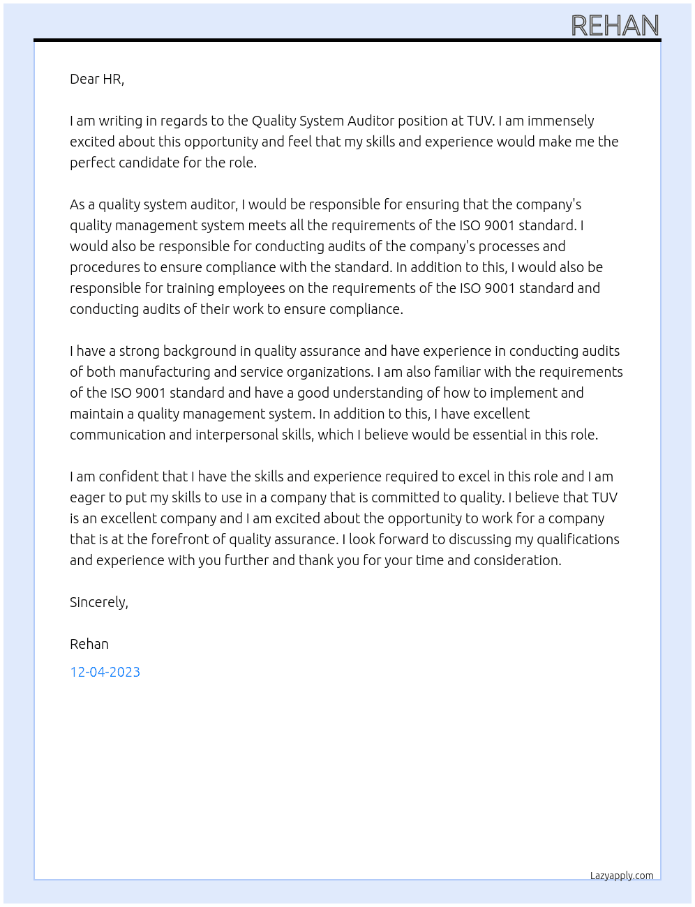Quality System Auditor At TUV Cover Letter