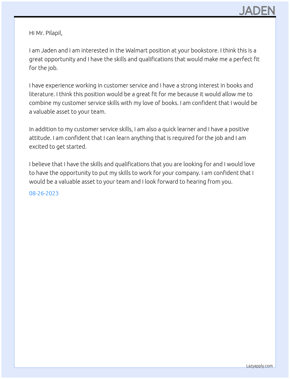 walmart At bookstore Cover Letter